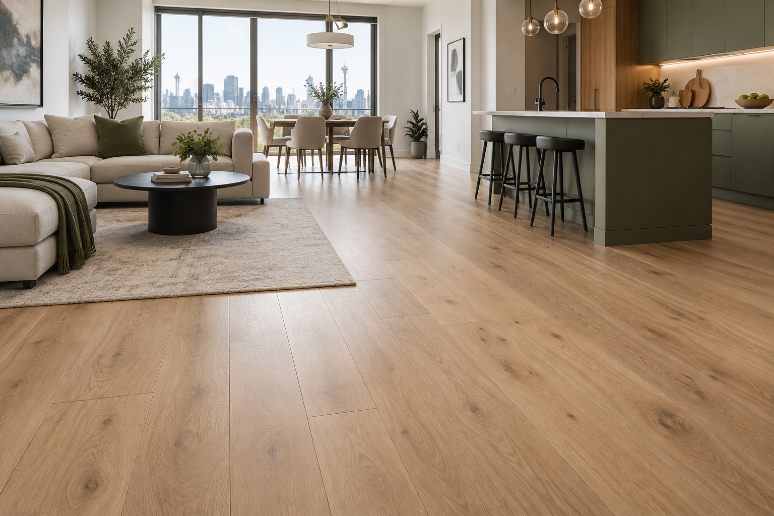 Finished light oak flooring in a modern open living room and kitchen